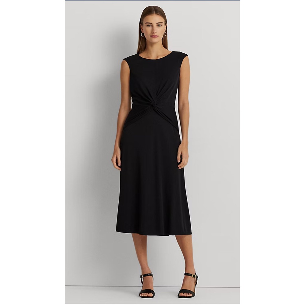 Ralph Lauren Black Twist-Front Jersey Midi Dress Sleeveless Career Cocktail